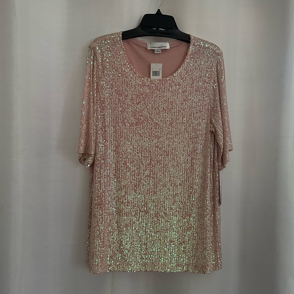 Caroline Rose Sequin Knit Short Sleeve Top in color Blush Pink Size Large